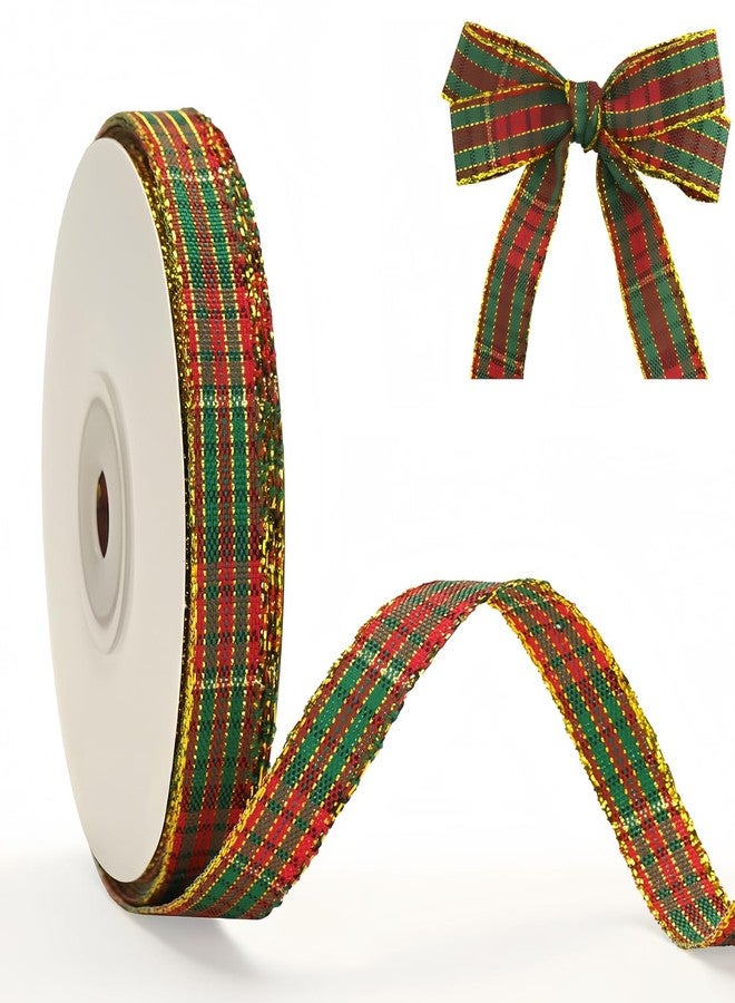 Veagins Christmas Plaid Ribbon, 10mm x 25 Yards Red Green Gold Tartan Ribbon for Gift Wrapping Crafts Wreath Bows - Image 1